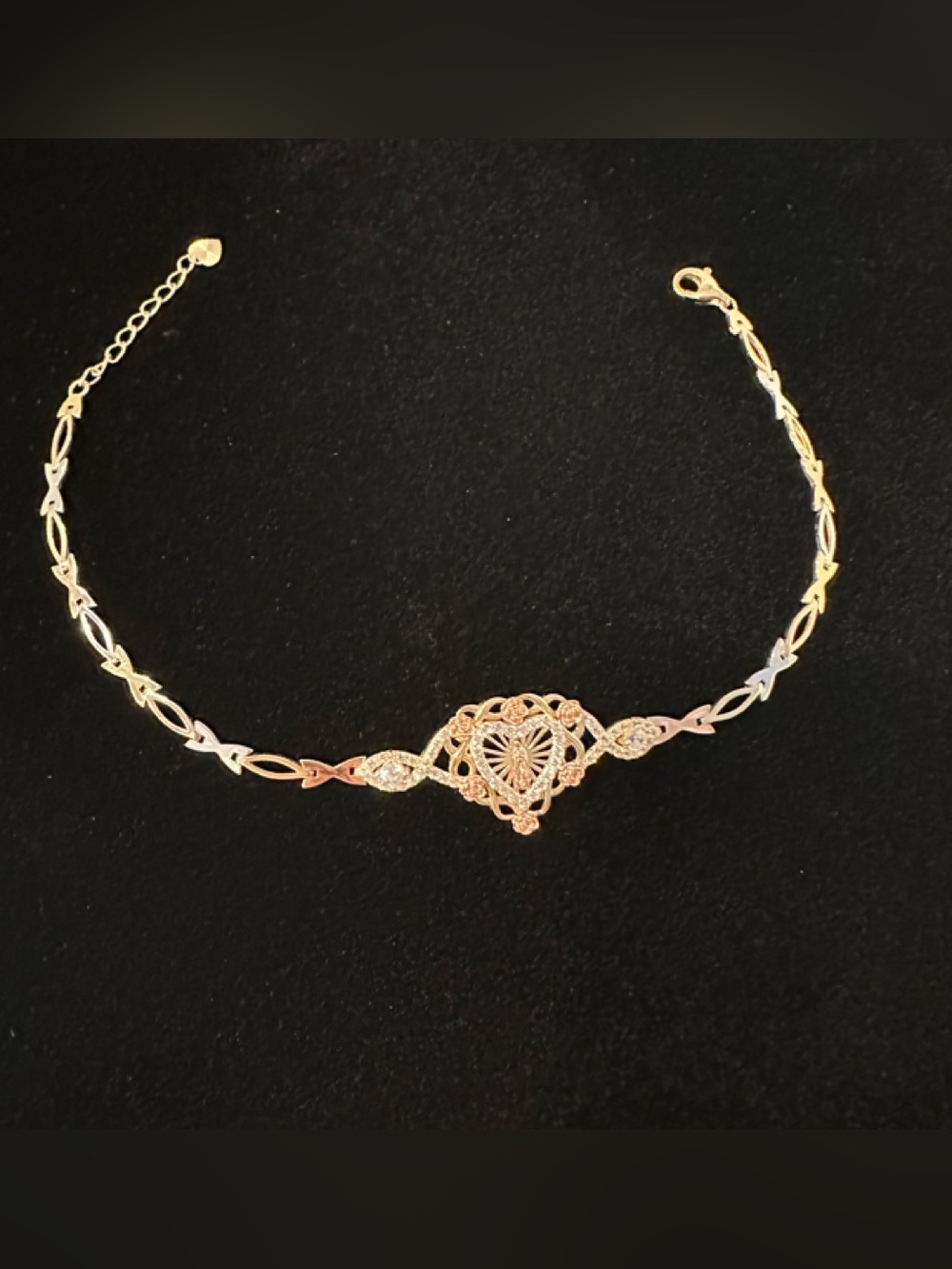 14k Gold Bracelet Rose Heart Tri Color Virgen Mari Elegant Jewelry for Her 8.5”
